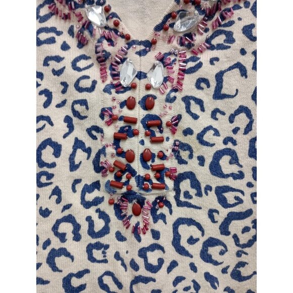 Vicki Wayne Womens Sweater 2X Off White Blue Animal Print Beaded V-Neck Pullover - Picture 3 of 8